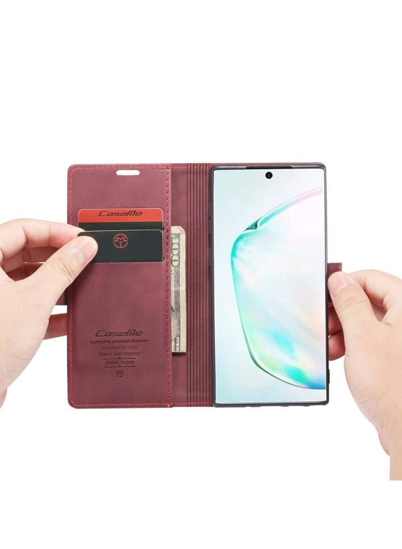 CaseMe Phone Case Luxury PU Leather Design 013 Flip Cover Card Slot Holder Cover For Samsung Galaxy Note 10 (Wine Red) - Image 2