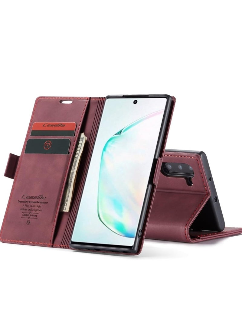 CaseMe Phone Case Luxury PU Leather Design 013 Flip Cover Card Slot Holder Cover For Samsung Galaxy Note 10 (Wine Red) - Image 3