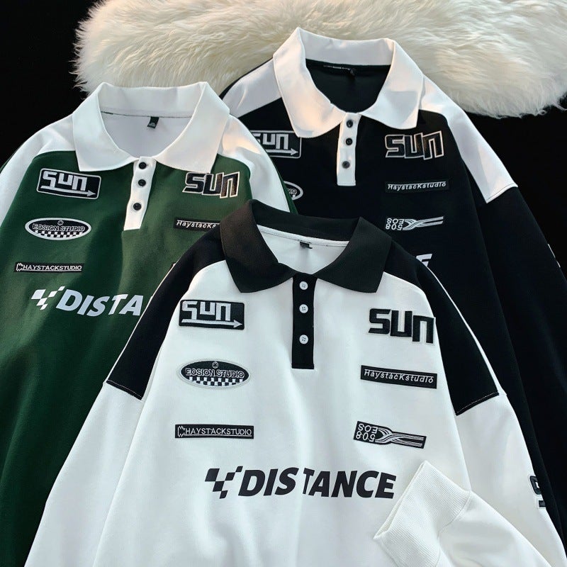 Southeast Asia Spring & Fall New American Retro Sweatshirt Men's Trendy Polo Shirt Long-Sleeved Japanese Style Lapel Racing Suit Top - Image 3