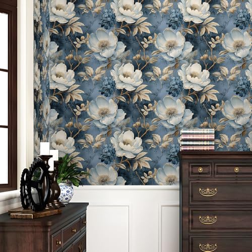 REDAMANCY White Blue Golden Yellow Vintage Floral Peel and Stick Wallpaper Stick on Contact Paper Vintage Wall Paper Easy Peel Off for nightstand Drawer Cabinet Renter - Image 2