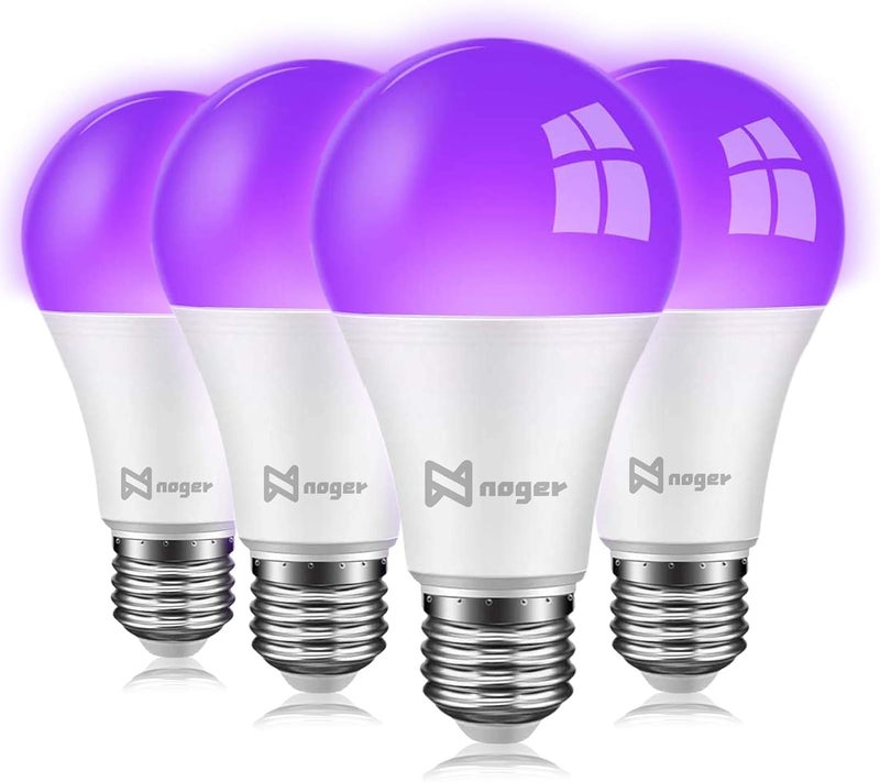 لمبات LED سوداء، لمبة LED A60 بقدرة 9 واط (تعادل 75 واط)، مستوى الأشعة فوق البنفسجية 380-400 نانومتر، قاعدة E27 متوسطة 220 فولت، تتوهج في الظلام لحفلات الضوء الأسود، طلاء الجسم، ملصقات فلورية - عبوة من 4 قطع - Image 1