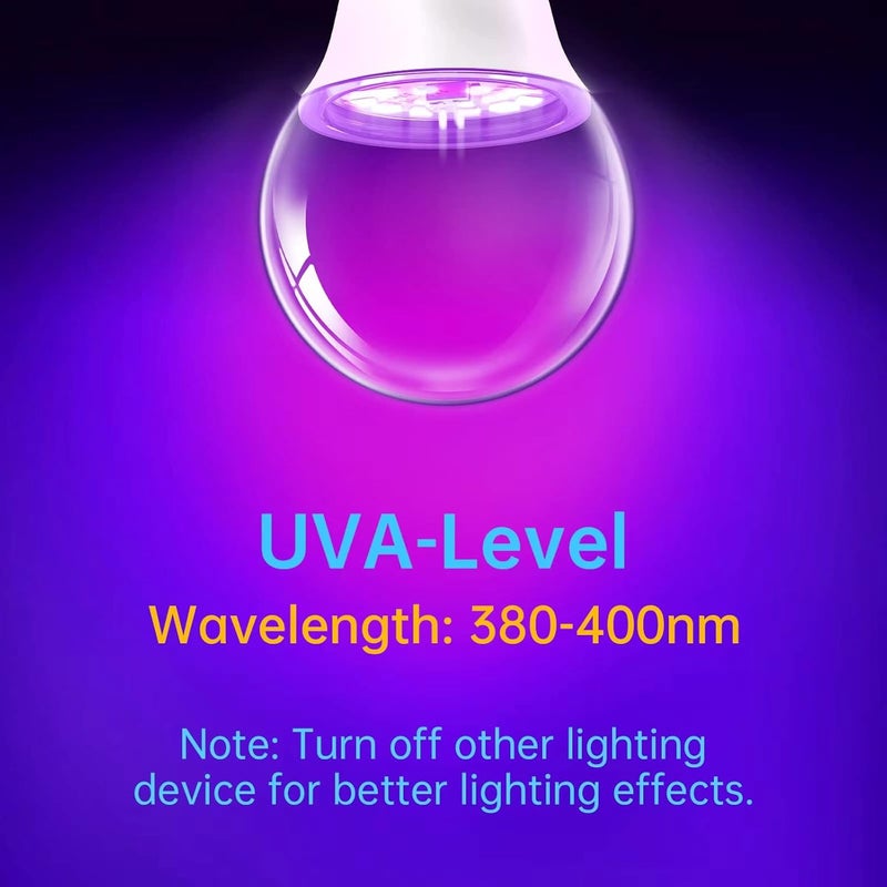 لمبات LED سوداء، لمبة LED A60 بقدرة 9 واط (تعادل 75 واط)، مستوى الأشعة فوق البنفسجية 380-400 نانومتر، قاعدة E27 متوسطة 220 فولت، تتوهج في الظلام لحفلات الضوء الأسود، طلاء الجسم، ملصقات فلورية - عبوة من 4 قطع - Image 3