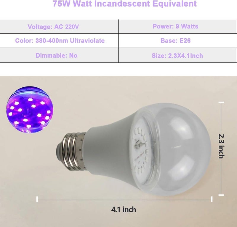لمبات LED سوداء، لمبة LED A60 بقدرة 9 واط (تعادل 75 واط)، مستوى الأشعة فوق البنفسجية 380-400 نانومتر، قاعدة E27 متوسطة 220 فولت، تتوهج في الظلام لحفلات الضوء الأسود، طلاء الجسم، ملصقات فلورية - عبوة من 4 قطع - Image 2