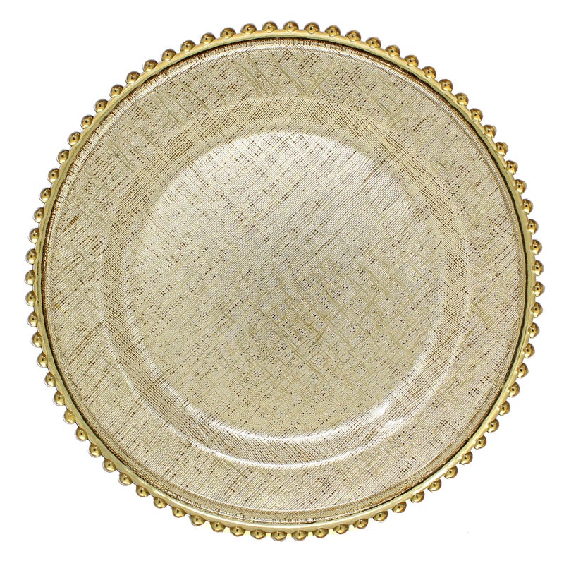 Ms Lovely Crossstitch Pattern Glass Charger 13 Inch Dinner Plate With Beaded Rim Set of 4 Gold