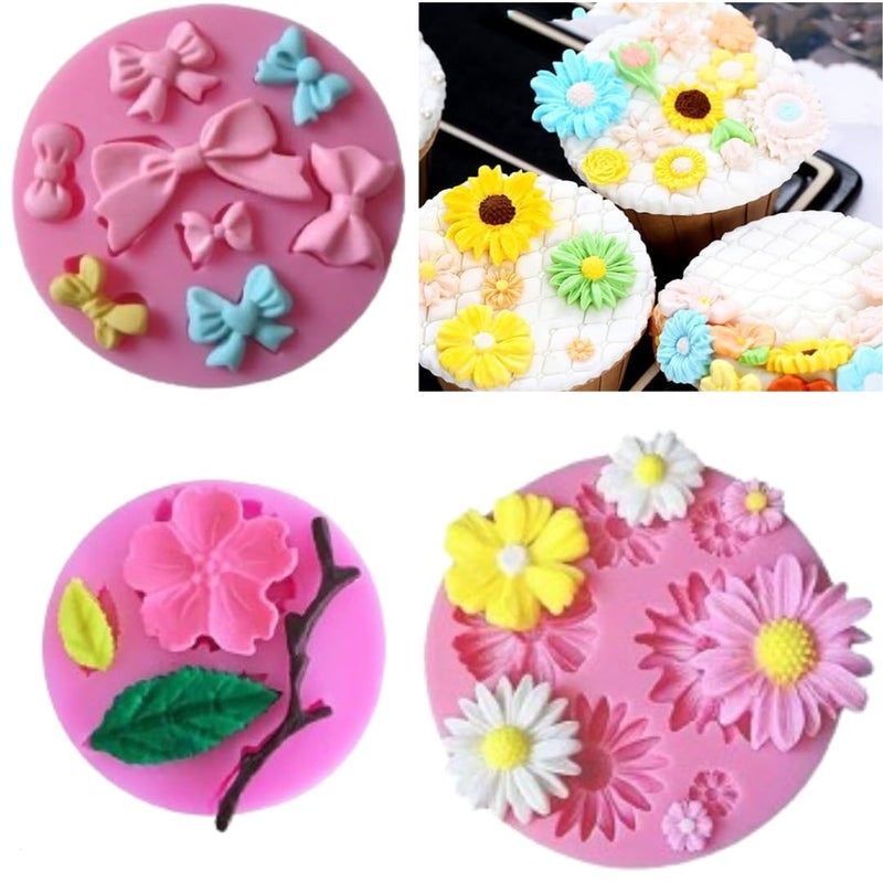 LEGACYCART 6 Cavity Daisy Peach Blossom and 8 Cavity Bow Tie Silicone Mold Flower Fondant Cake Baking Molds Chocolate Candy Mold for Party Cake DecoratinSoap Crafting ProjectsPack of 3 - Image 1