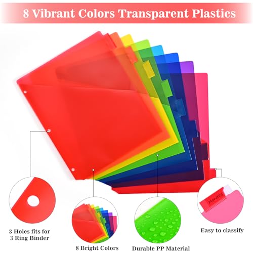 SUQJOY Binder Index Dividers with Tabs, 48 Count 3 Ring Binder Dividers with Pockets, 8 Tab Dividers for 3 Ring Binder, Plastic Sheet Protectors for US Letter Size, 8 Color Tab Dividers,6 Packs - Image 3