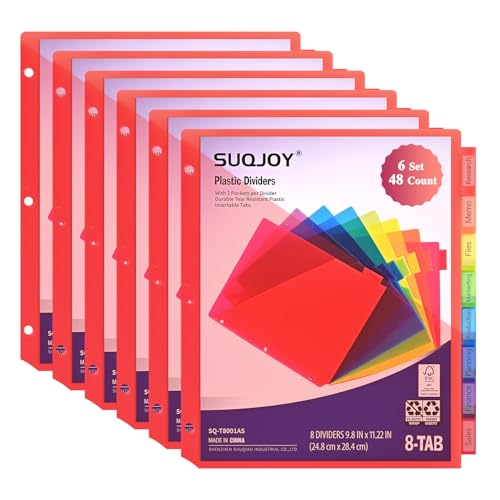 SUQJOY Binder Index Dividers with Tabs, 48 Count 3 Ring Binder Dividers with Pockets, 8 Tab Dividers for 3 Ring Binder, Plastic Sheet Protectors for US Letter Size, 8 Color Tab Dividers,6 Packs - Image 1