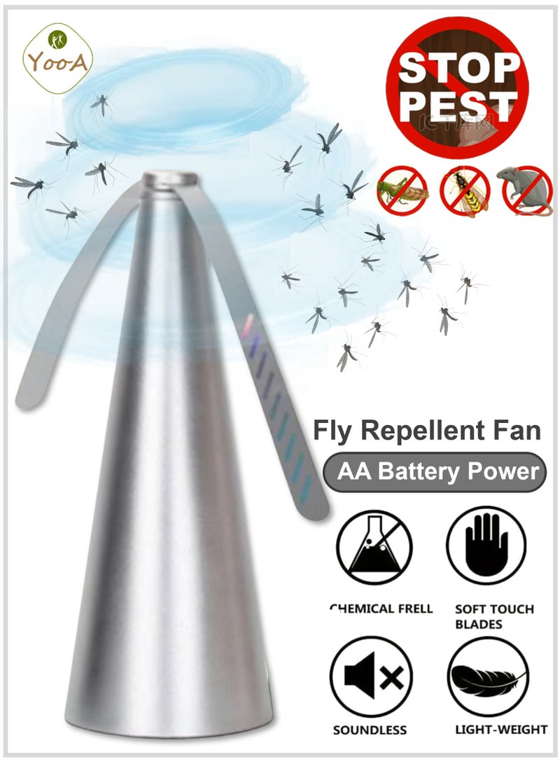 YooA Fast Speed Fly Repellent Fan for Tables | AA Battery Powered, Holographic Blades Fly Spinner for Indoor/Outdoor Dining, Picnics, Parties, Patio, Home, Restaurant, and Camping ,Keep Flies and Bugs Away, Table Top Fan Fly Spinner with Holographic Blades for Picnic Patio Home, 8.2x8.2x24cm (Silver with Boxil - Image 1