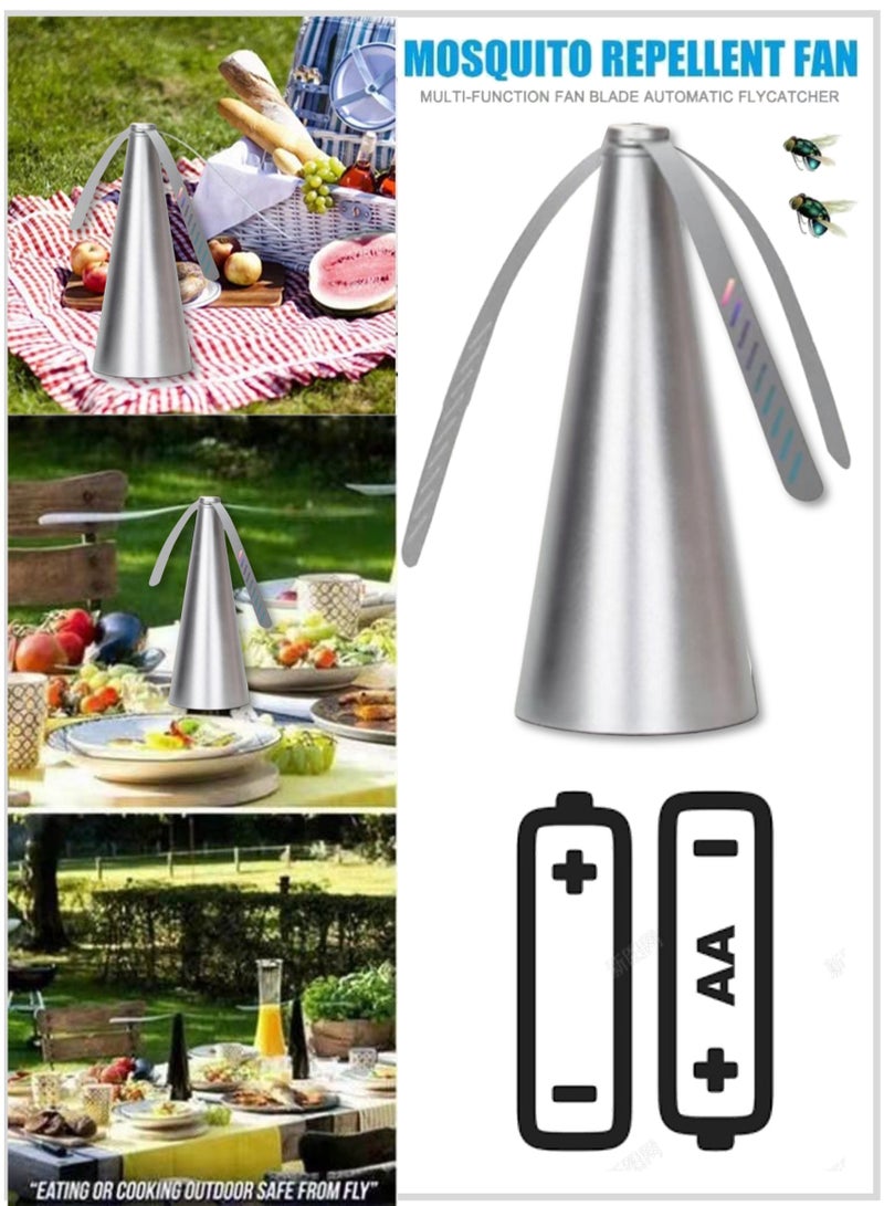 YooA Fast Speed Fly Repellent Fan for Tables | AA Battery Powered, Holographic Blades Fly Spinner for Indoor/Outdoor Dining, Picnics, Parties, Patio, Home, Restaurant, and Camping ,Keep Flies and Bugs Away, Table Top Fan Fly Spinner with Holographic Blades for Picnic Patio Home, 8.2x8.2x24cm (Silver with Boxil - Image 4