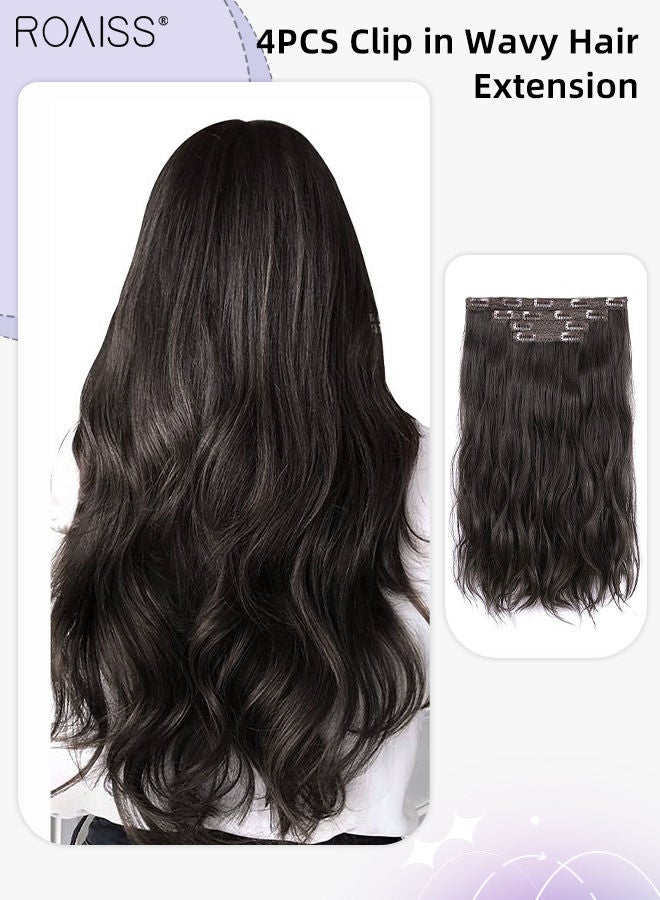 رويس 4 قطع من وصلات الشعر المموجة بالمشابك، وصلات شعر صناعية طويلة غير مرئية قابلة للتعديل ومقاومة للحرارة للفتيات والنساء، أسود بني، 55 سم (22 بوصة) - Image 1