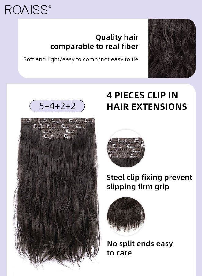 رويس 4 قطع من وصلات الشعر المموجة بالمشابك، وصلات شعر صناعية طويلة غير مرئية قابلة للتعديل ومقاومة للحرارة للفتيات والنساء، أسود بني، 55 سم (22 بوصة) - Image 4