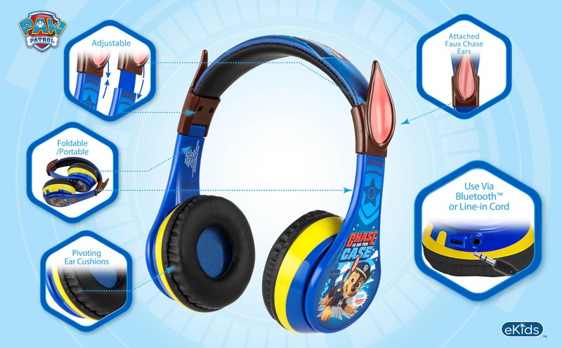 eKids Paw Patrol Kids Bluetooth Headphones, Wireless Headphones with Microphone Includes Aux Cord, Volume Reduced Kids Foldable Earphones for School, Home, or Travel - Image 3