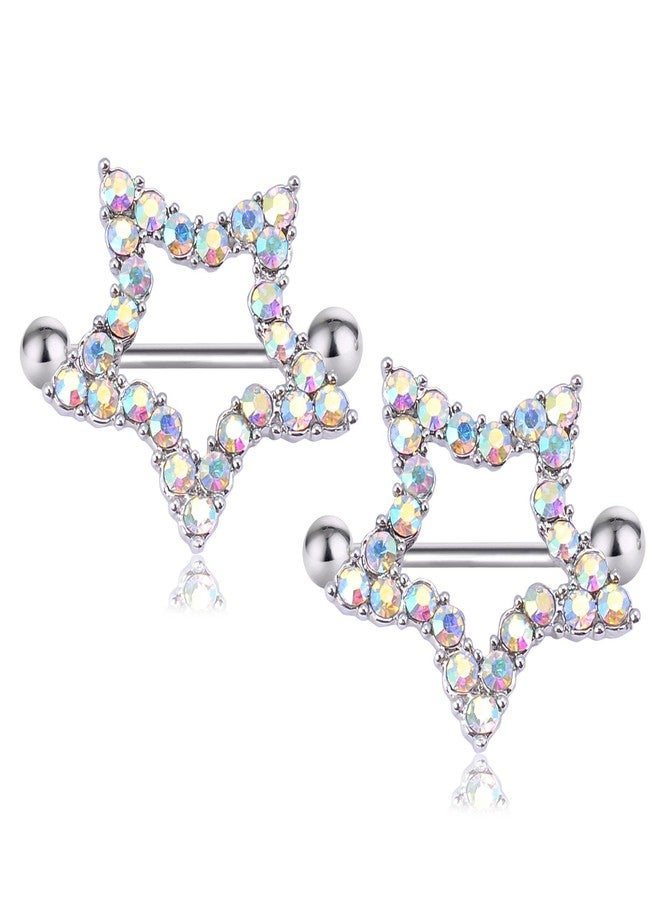 CrazyPiercing 1Pair Rhinestone Paved Star Piercing Rings Barbells 14Gauge (AB Colorful) - Image 1