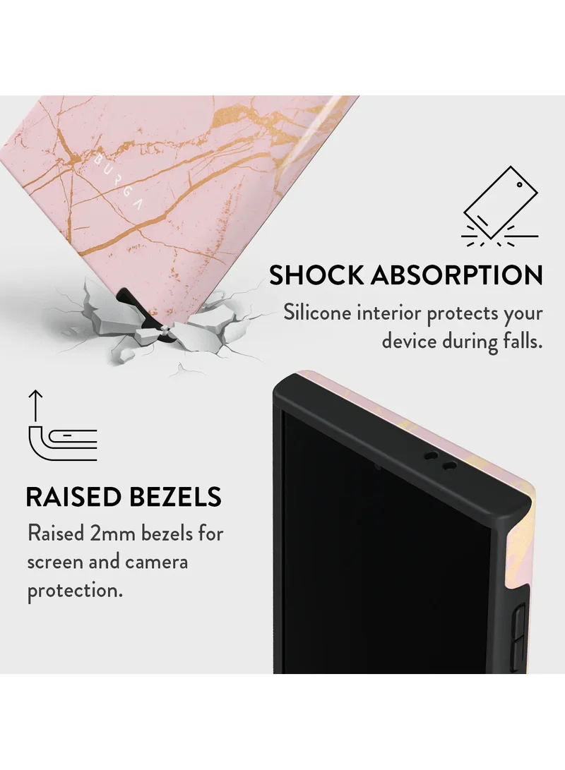BURGA BURGA Phone Case Compatible with Samsung Galaxy S24 Ultra Mobile Phone Case Hybrid 2 Layer Hard Shell Silicone Protective Case Peachy Gold - Pink Marble Scratch Resistant Shockproof Cover