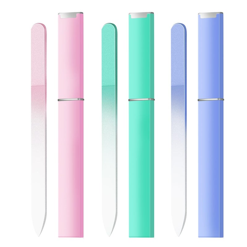 OHOO Glass Nail Files Double Side Polish Crystal Fingernail File with Case Manicure Salon Nail Care for Women Girls Pink Green Blue, 240 Grit, 3 Pack - Image 1