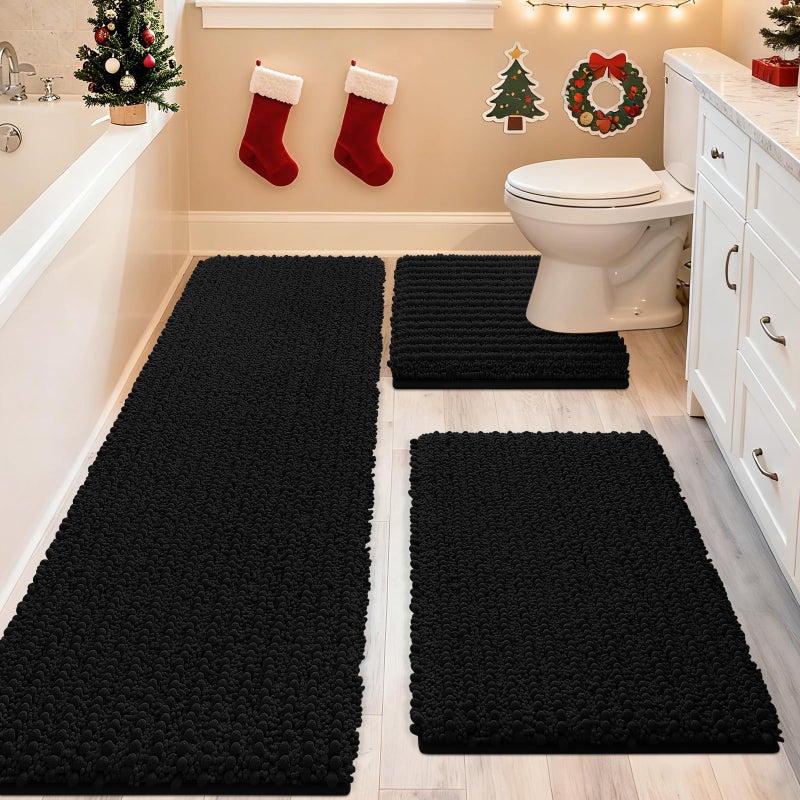 ACCUMTEK Upgrade Extra Large Black Bathroom Rug Set 3 Pieces Ultra Soft Thick Absorbent Bath Mats Non Slip Chenille Toilet Mat for Bathroom Bedroom Kitchen