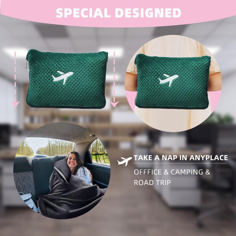 مجموعة بطانية سفر ووسادة متعددة الوظائف - بطانية سفر سميكة بسماكة 350 جرام، مضغوطة للاستخدام في الطائرات، مع حقيبة ناعمة تحتوي على جيب، ووسادة سفر قابلة للنفخ للاستخدام أثناء التخييم ورحلات السيارة (لون أخضر داكن) - Image 5