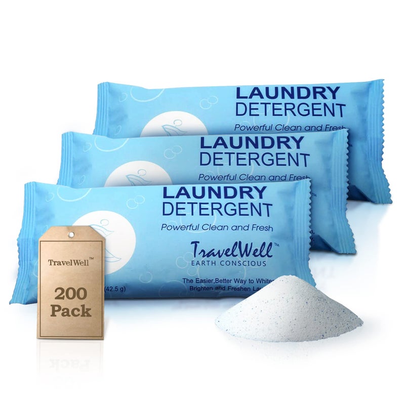 Travelwell Travel Laundry Detergent Powder Bulk Individually Wrapped Multi Pack 200 Packets 15 oz per bag Non Toxic AirBnb Supplies For Clean Fresh Clothes Stain Remover Powder