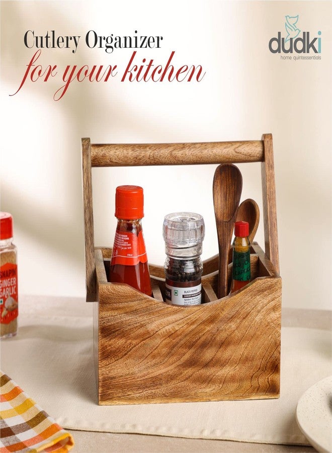 dudki Wooden Cutlery Holder | Spoon Stand for Dining Table | Chammach Stand | Cutlery holder | Caddy organizer for kitchen storage spoons forks knives tissue paper Dispenser | Mango Wood 4 Section - Image 3