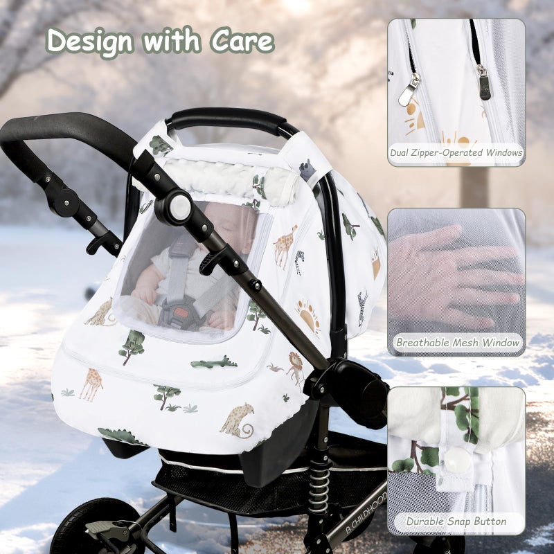 Pea Pod Winter Car Seat Cover Baby with Sunshade & Dual Zipper Windows - Minky Bubble Lined Windproof Soft Shell, Warm Newborn Car Seat Canopy Covers, Elastic Bottom for Stroller & Infant Car Seat, Animal - Image 4
