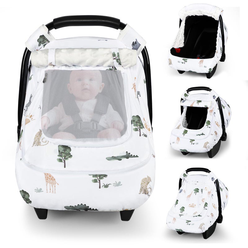 Pea Pod Winter Car Seat Cover Baby with Sunshade & Dual Zipper Windows - Minky Bubble Lined Windproof Soft Shell, Warm Newborn Car Seat Canopy Covers, Elastic Bottom for Stroller & Infant Car Seat, Animal - Image 1