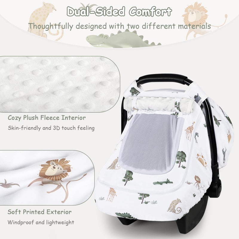 Pea Pod Winter Car Seat Cover Baby with Sunshade & Dual Zipper Windows - Minky Bubble Lined Windproof Soft Shell, Warm Newborn Car Seat Canopy Covers, Elastic Bottom for Stroller & Infant Car Seat, Animal - Image 3