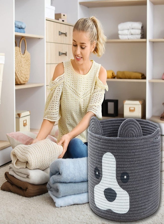 Ushang Pet Medium Dog Woven Baskets with Handle, Dog Toy Hamper, Cotton Rope Dog Toy Storage Baskets for Pet, Animal Basket for Kids, Baby Gift Baskets for Dog Lovers, Dark Grey - Image 4