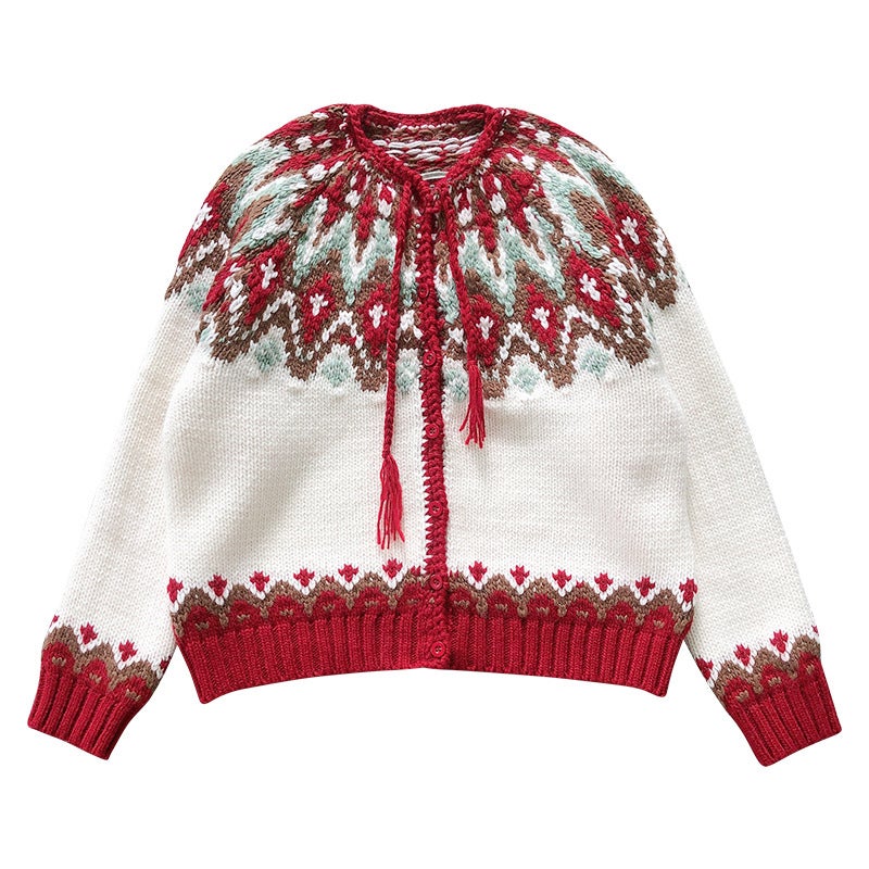 Handmade Icelandic Sweater Red Christmas Day Drawstring Antique Ferris Wheel Age Reducing College Style Sweater Knitted Cardigan Drawstring red Ferris wheel