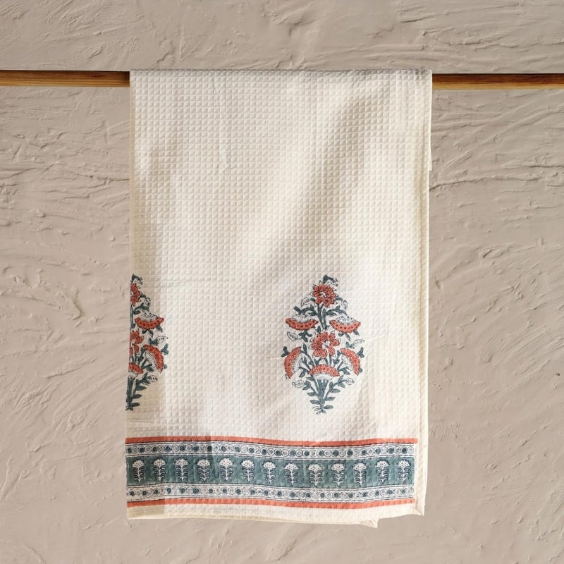 Peepul Tree Block Printed Hand and Bath Towels Super Absorbent Soft Faster Drying Floral Printed 100 Pure Cotton 240 GSM 1 Bath Towel Peach Teal - Image 1