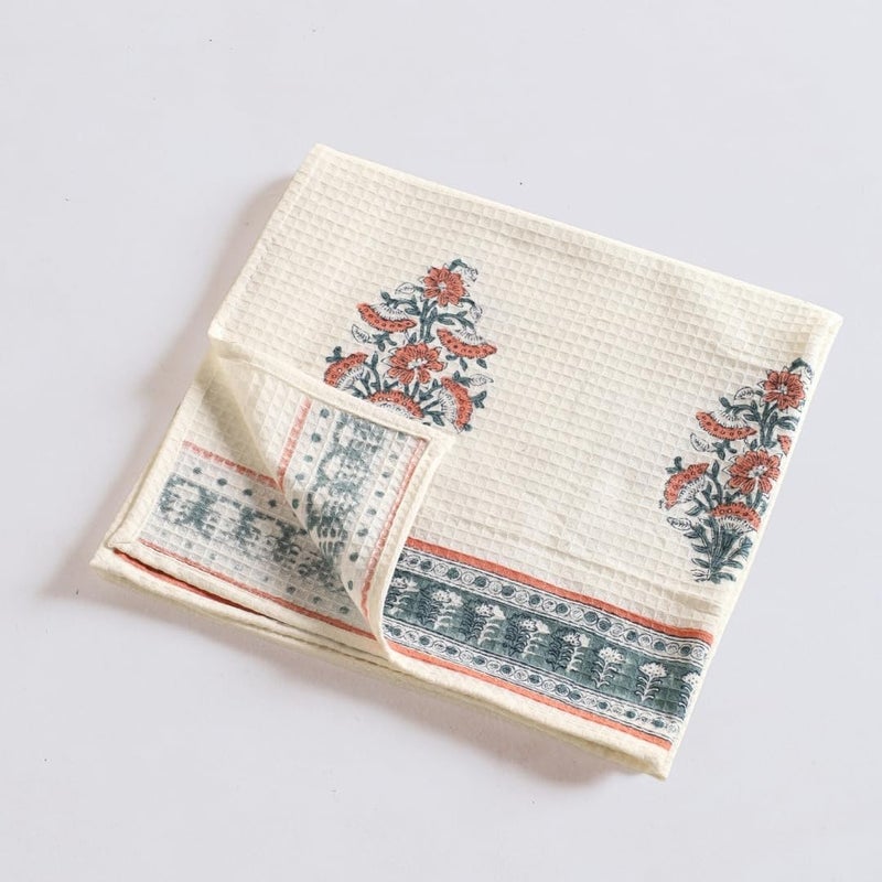 Peepul Tree Block Printed Hand and Bath Towels Super Absorbent Soft Faster Drying Floral Printed 100 Pure Cotton 240 GSM 1 Bath Towel Peach Teal - Image 2