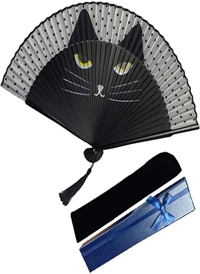 إسكدنيا Folding Fan, Handheld Fans, Cat Cartoon Kung Fu Fan Elegant Chinese Japanese Style for Women Men, Silk Folding Fans with Bamboo Frames for Dancing Cosplay Wedding Party Props Decoration - Image 2