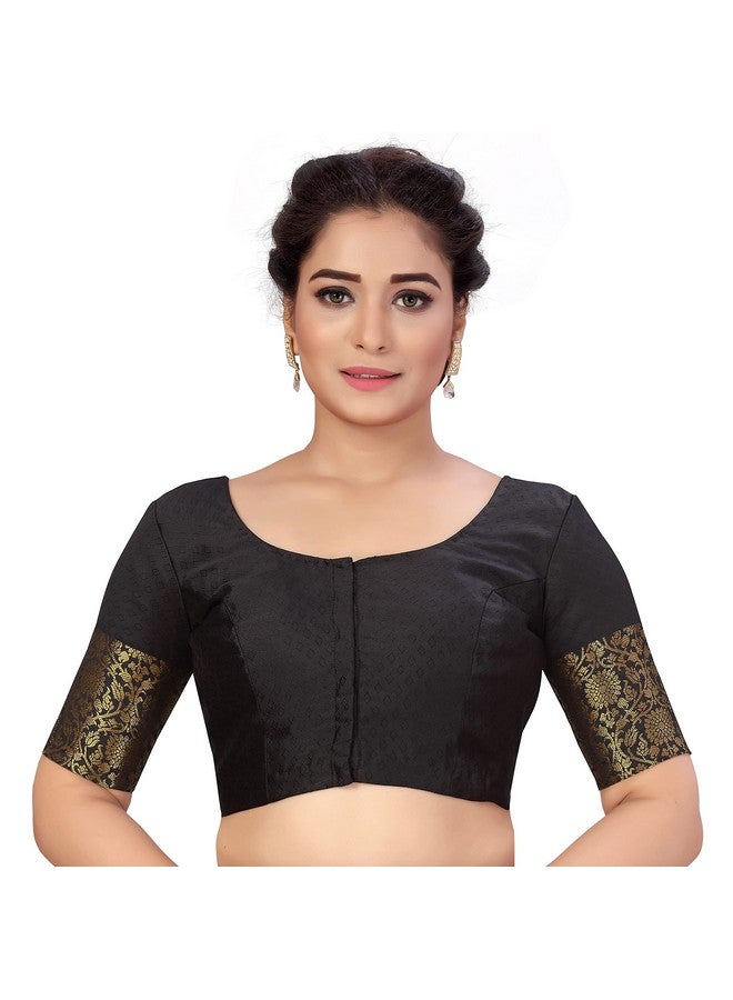 Studio Shringaar Studio Shringaar Women's Readymade Brocade Saree Blouse with Kanjivaram Border Elbow Length Sleeves(Black, 40) - Image 1
