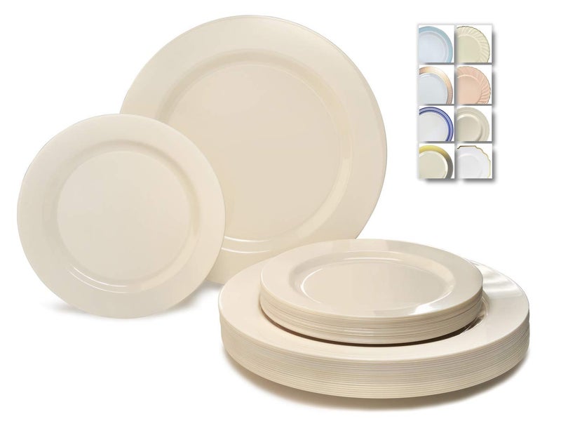 OCCASIONS FINEST PLASTIC TABLEWARE OCCASIONS  240 Plates Pack120 Guests Heavyweight Wedding Party Disposable Plastic Plates Set 120 x 105 Dinner  120 x 75 SaladDessert Plain Ivory 