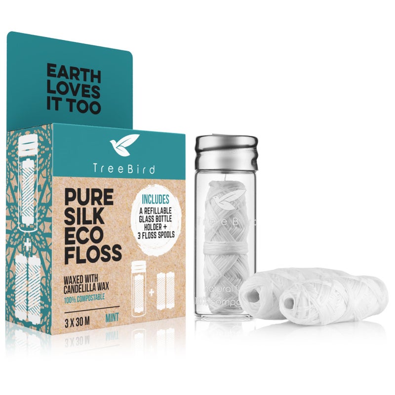 TreeBird Pure Silk Eco Floss Kit - Refillable Floss Dispenser (Glass) + 3Ã—33 yd Silk Refills | Waxed with Candelilla Wax | Mint - Image 1
