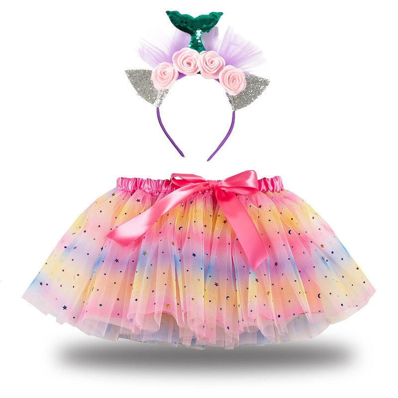 2024 Kids Tutu Skirt with Star Moon Veil and Headwear RS019 green tail powder flower head buckle 
