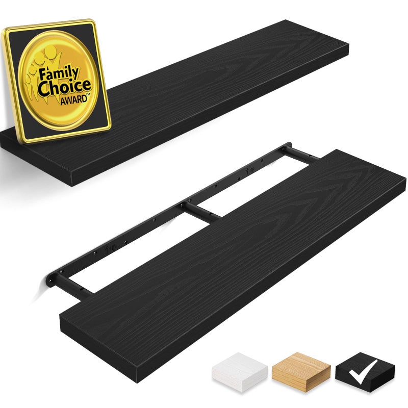 BAYKA Floating Shelves for Wall, 36 inches Long Wall Mounted Rustic Wood Shelves for Bathroom, Bedroom, Living Room, Kitchen, Office, Hanging Shelf for Books/Storage/Decor(Black,Set of 2) - Image 1