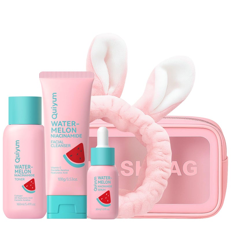 QUIYUM Watermelon Skin Care Kit for Teens Girl, 8 Daily Routine Beauty Skincare- Gift Set with Cleanser, Toner, Eye Cream, Moisturizer, Serum, Facial Mask, Soap, Hydrate, Oil control, Glow, Smooth - Image 1