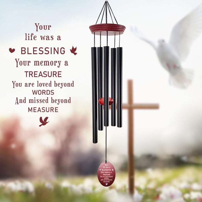 Howarmer windchimes Sympathy Memorial Wind Chimes â€“ 33" Tuned Wind Chime with â€œYour Life was a Blessingâ€ Saying, Red Wood Wind Sail for Loss of Loved One, Bereavement Gift for Mom, Dad, Grandma or Friend - Image 2