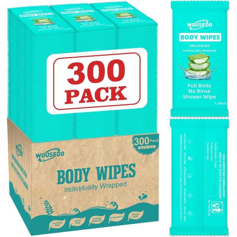 WOUSEDO 300 Pack Individually Wrapped Body Wipes (8" x 9.5"),No-Rinse Shower Wipe for Adults,Travel,Gym & Camping,Bulk Cleansing Wipes for Homeless - Image 1