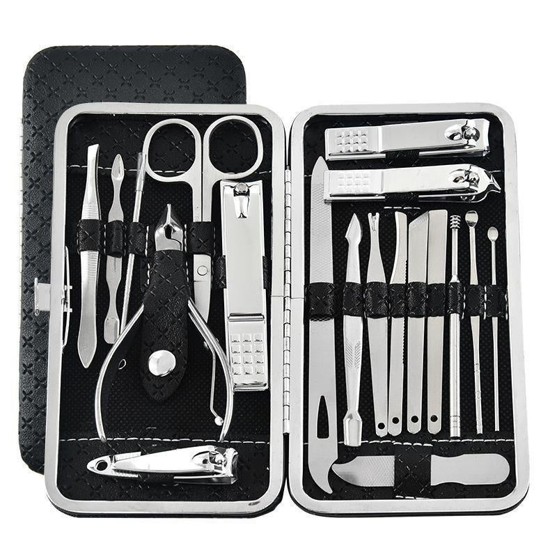 19 PCs full set nail clipper set with leather pouch stainless steel nail clipper nose makeup eyebrow spinners acne press ready to ship(19 PCs-Black) - Image 1