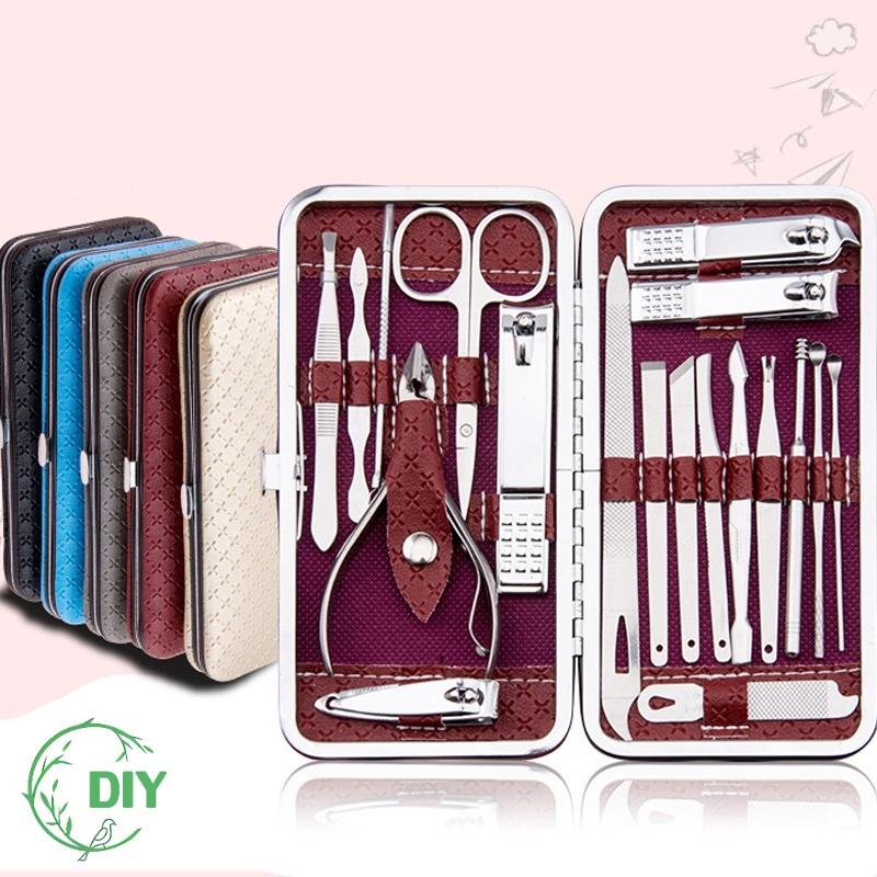 19 PCs full set nail clipper set with leather pouch stainless steel nail clipper nose makeup eyebrow spinners acne press ready to ship(19 PCs-Black) - Image 2