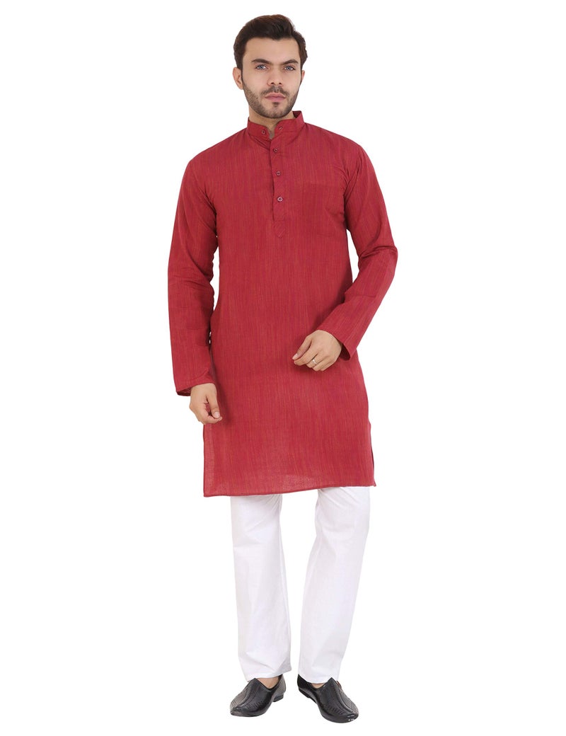 LATEST CHIKAN Men's Cotton Long Kurta Full Sleeves - Casual Ethnic Wear,40 Maroon - Image 1