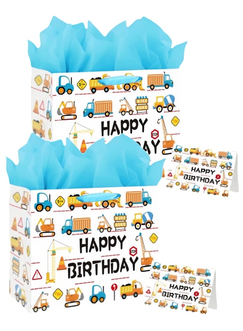 حقيبتان هدايا عيد ميلاد ورقية ٣٣ سم مع بطاقات وورق تغليف - حقائب سيارات كرتونية زرقاء للأولاد والبنات - Image 1