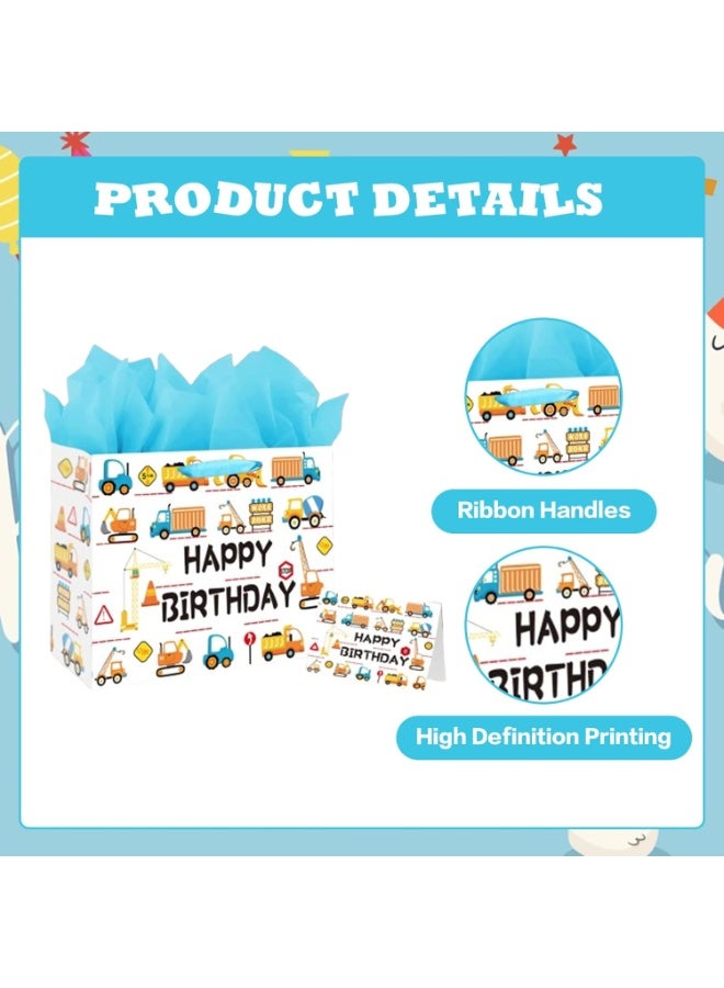 حقيبتان هدايا عيد ميلاد ورقية ٣٣ سم مع بطاقات وورق تغليف - حقائب سيارات كرتونية زرقاء للأولاد والبنات - Image 4