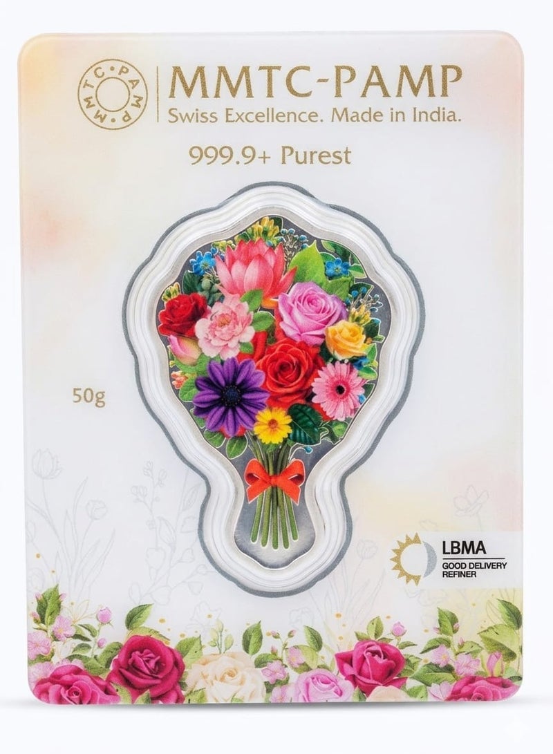 MMTC-PAMP 999.9 PURE SILVER COLOURED FLORAL BOUQUET COIN IN GIFT BOX-50G - Image 1