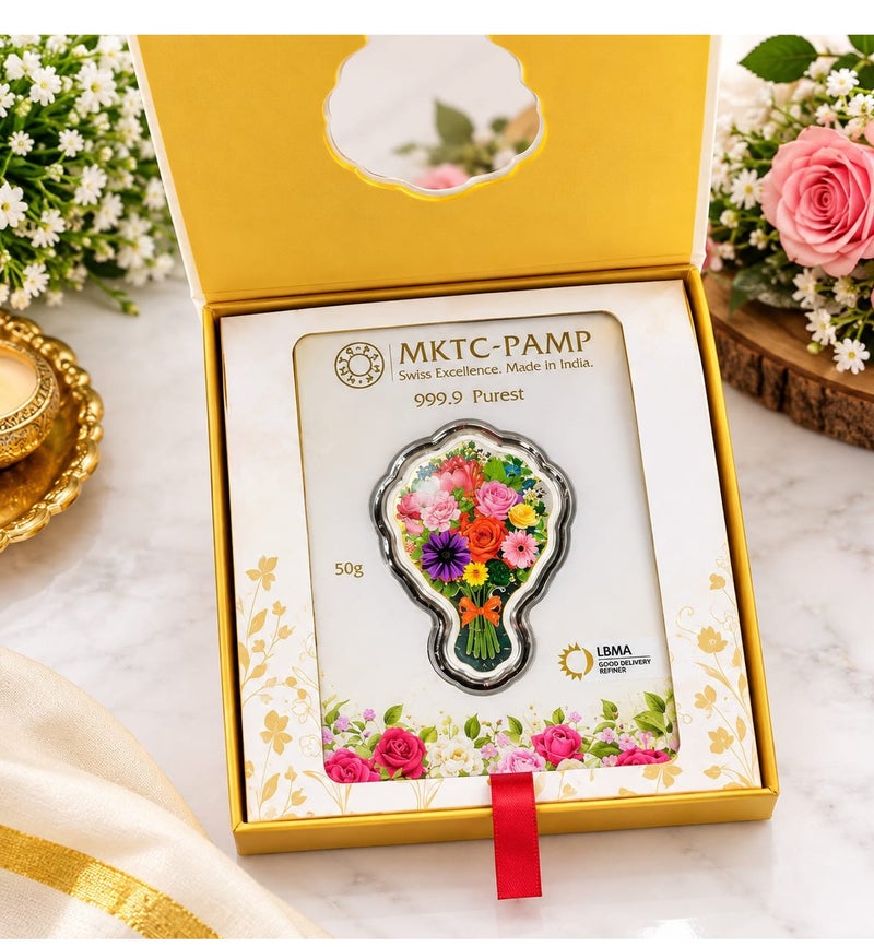 MMTC-PAMP 999.9 PURE SILVER COLOURED FLORAL BOUQUET COIN IN GIFT BOX-50G - Image 4