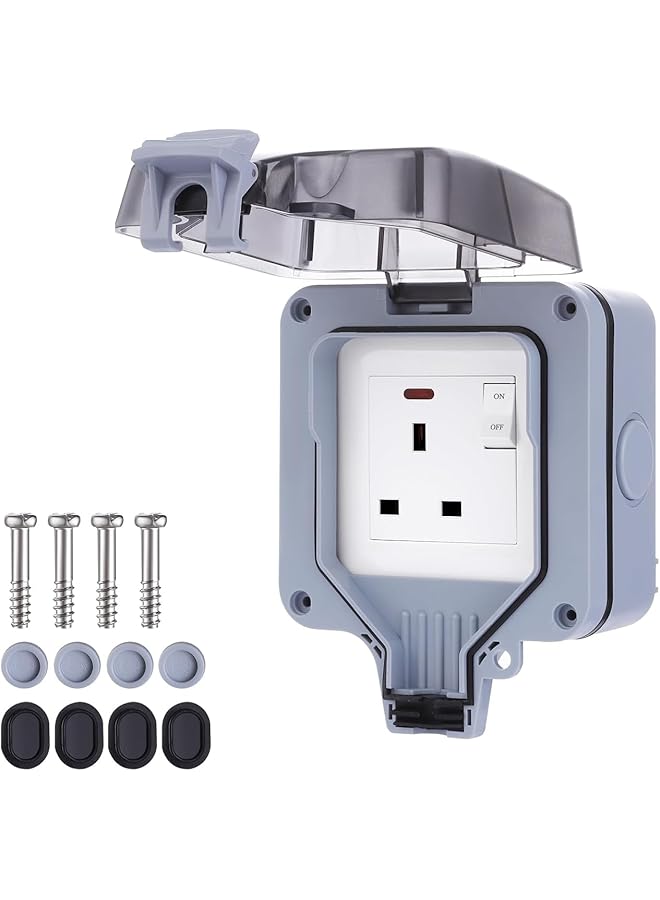 PROMASS Weatherproof Outdoor Sockets, Double Waterproof Switched Power Socket IP66, Wall Electrical Outlets with Cover, 13A 2 Gang Plug Sockets, for Garden & External Electrical Outlet (Single Socket) - Image 1