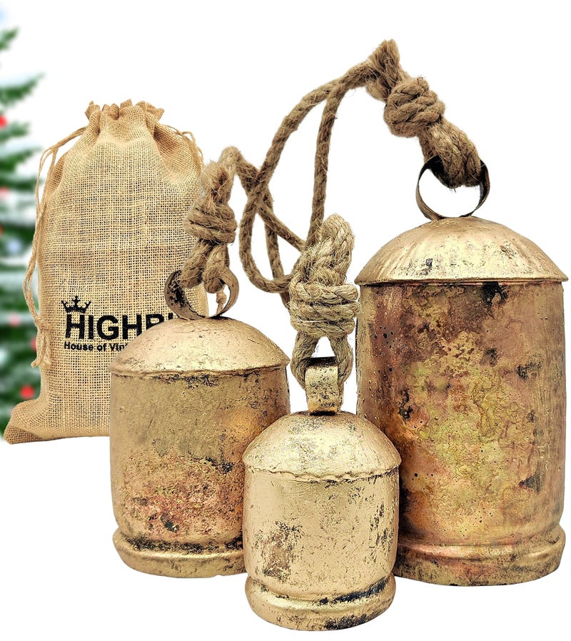 HIGHBIX Set of 3 Giant Harmony Cow Bells Huge Vintage Handmade Rustic Lucky Christmas Hanging XL Bells On Rope Country Rustic Large