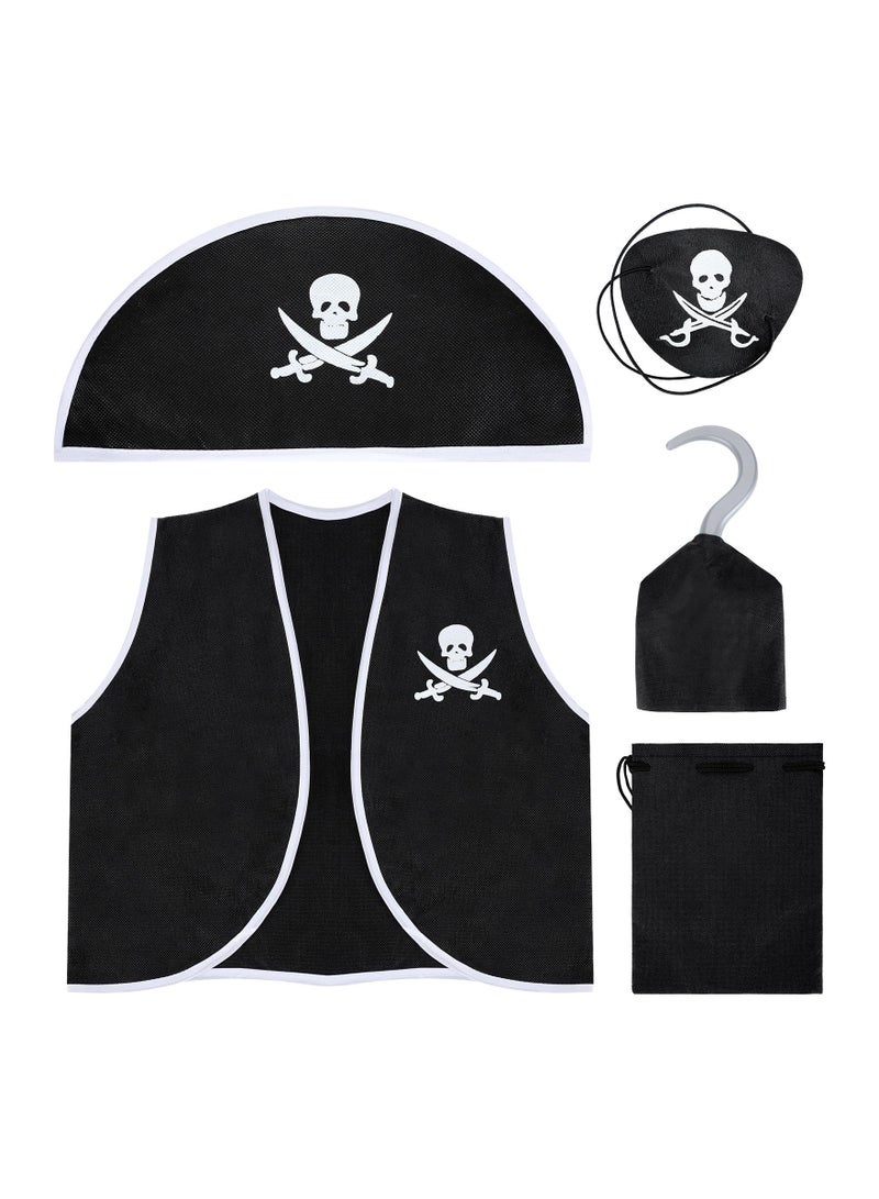Kids Pirate Costume Set, Pirate Captain Dress Up Outfits Playset with Pirate Hat Vest Coin Bag Eyepatch Hook, for Boys Girls Halloween Role Play Cosplay, 5Pcs - S Size - Image 1