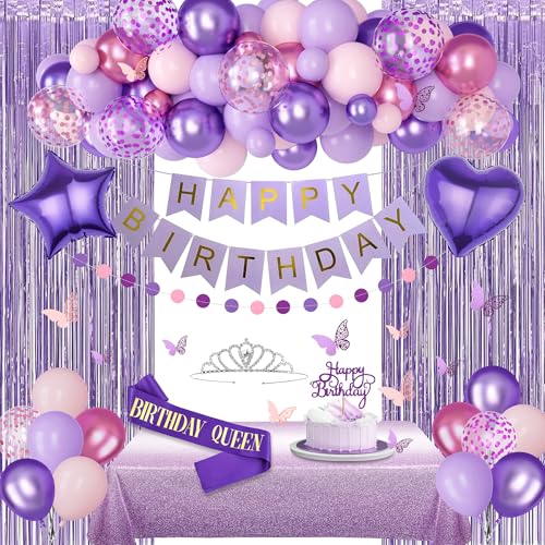 Amandir Purple Birthday Decorations for Women Girls Pastel Pink and Purple Balloons Foil Table Cloth Sash Crown Fringe Curtains Happy Birthday Banner Circle Garland Butterfly Cake Topper Party Supplies - Image 1